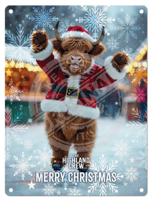 HIGHLAND CREW - Christmas Cow Ice Skating Mini Metal Sign 15cm x 20cm Metal Signs