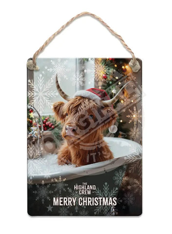 HIGHLAND CREW - Christmas Cow In Bath Fridge Magnet Metal Signs