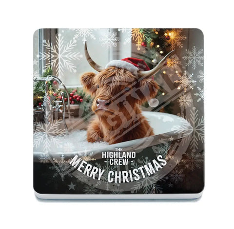 HIGHLAND CREW - Christmas Cow In Bath Fridge Magnet Metal Signs