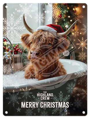 HIGHLAND CREW - Christmas Cow In Bath Mini Metal Sign 15cm x 20cm Metal Signs