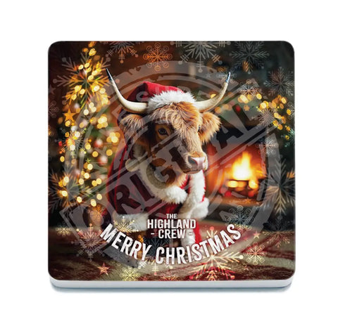 HIGHLAND CREW - Christmas Cow Log Fire Fridge Magnet Metal Signs