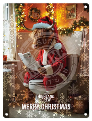 HIGHLAND CREW - Christmas Cow On Toilet Mini Metal Sign 15cm x 20cm Metal Signs