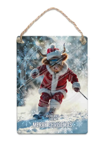 HIGHLAND CREW - Christmas Cow Skiing Fridge Magnet Metal Signs