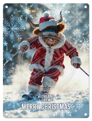 HIGHLAND CREW - Christmas Cow Skiing Mini Metal Sign 15cm x 20cm Metal Signs