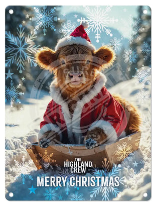 HIGHLAND CREW - Christmas Cow Sledging Mini Metal Sign 15cm x 20cm Metal Signs
