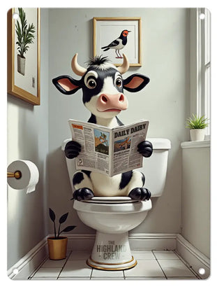 HIGHLAND CREW - DAIRY COW - On Toilet White Metal Signs