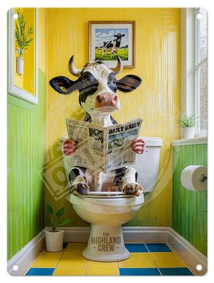 HIGHLAND CREW - DAIRY COW - On Toilet Yellow Metal Signs