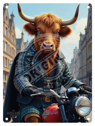 HIGHLAND CREW - On Motorcycle Blue Eyes Mini Metal Sign 15cm x 20cm Metal Signs