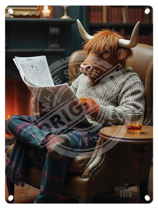 HIGHLAND CREW - Reading Newspaper Mini Metal Sign 15cm x 20cm Metal Signs
