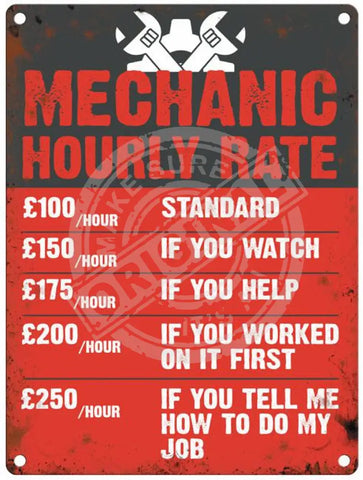 Mechanic Hourly Rate Metal Signs