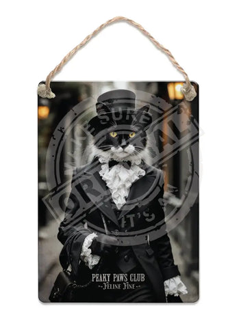 PEAKY PAWS CLUB - FELINE FINE - Black White Cat Fridge Magnet Metal Signs