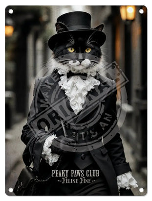 PEAKY PAWS CLUB - FELINE FINE - Black White Cat Mini Metal Sign 15cm x 20cm Metal Signs