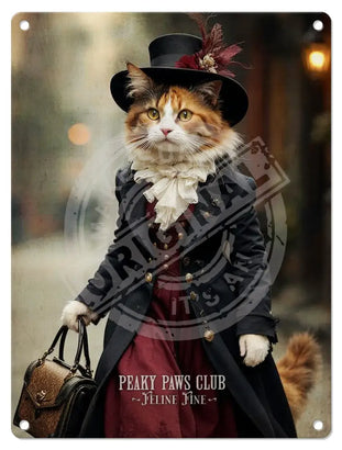 PEAKY PAWS CLUB - FELINE FINE - Calico Cat Mini Metal Sign 15cm x 20cm Metal Signs