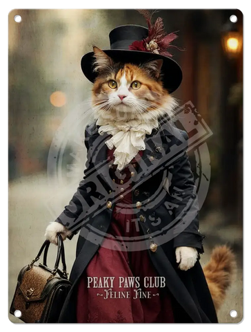 PEAKY PAWS CLUB - FELINE FINE - Calico Cat Fridge Magnet Metal Signs