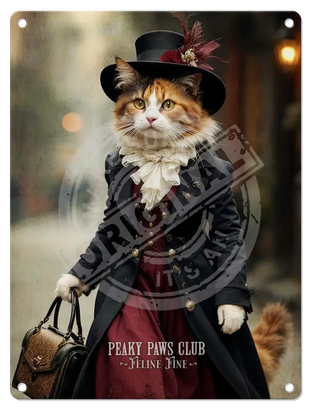 PEAKY PAWS CLUB - FELINE FINE - Calico Cat Mini Metal Sign 15cm x 20cm Metal Signs