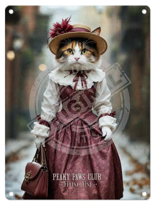 PEAKY PAWS CLUB - FELINE FINE - Calico Cat Pink Dress Mini Metal Sign 15cm x 20cm Metal Signs