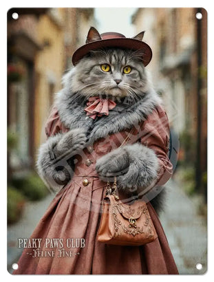 PEAKY PAWS CLUB - FELINE FINE - Grey Tabby Cat Mini Metal Sign 15cm x 20cm Metal Signs