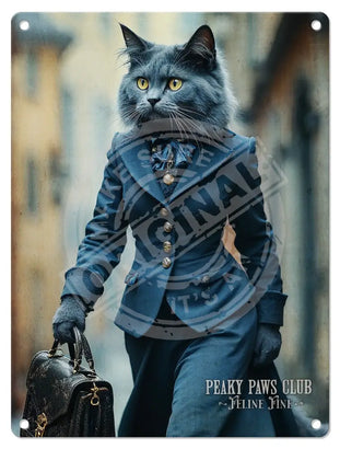 PEAKY PAWS CLUB - FELINE FINE - Russian Blue Cat Mini Metal Sign 15cm x 20cm Metal Signs