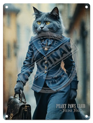 PEAKY PAWS CLUB - FELINE FINE - Russian Blue Cat Mini Metal Sign 15cm x 20cm Metal Signs