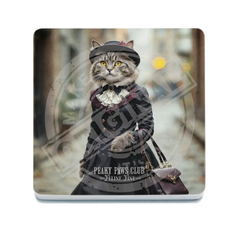 PEAKY PAWS CLUB - FELINE FINE - Tabby Cat Fridge Magnet Metal Signs