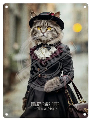 PEAKY PAWS CLUB - FELINE FINE - Tabby Cat Mini Metal Sign 15cm x 20cm Metal Signs
