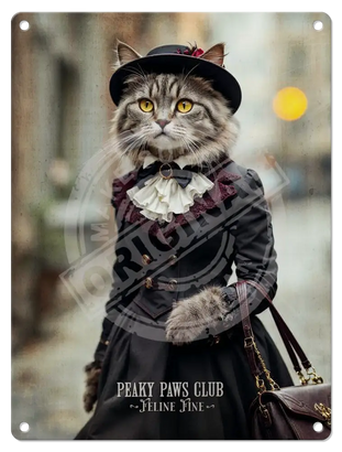 PEAKY PAWS CLUB - FELINE FINE - Tabby Cat Mini Metal Sign 15cm x 20cm Metal Signs