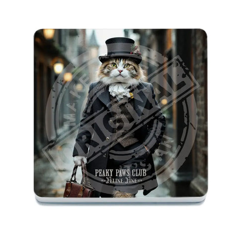PEAKY PAWS CLUB - FELINE FINE - Tabby Ginger Cat Fridge Magnet Metal Signs