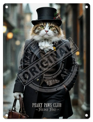 PEAKY PAWS CLUB - FELINE FINE - Tabby Ginger Cat Mini Metal Sign 15cm x 20cm Metal Signs