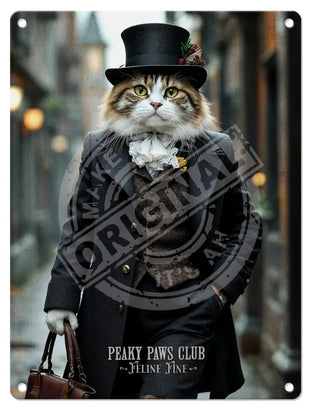 PEAKY PAWS CLUB - FELINE FINE - Tabby Ginger Cat Mini Metal Sign 15cm x 20cm Metal Signs