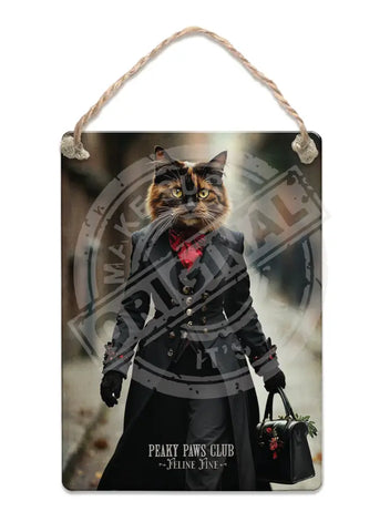 PEAKY PAWS CLUB - FELINE FINE - Tortoiseshell Cat Fridge Magnet Metal Signs