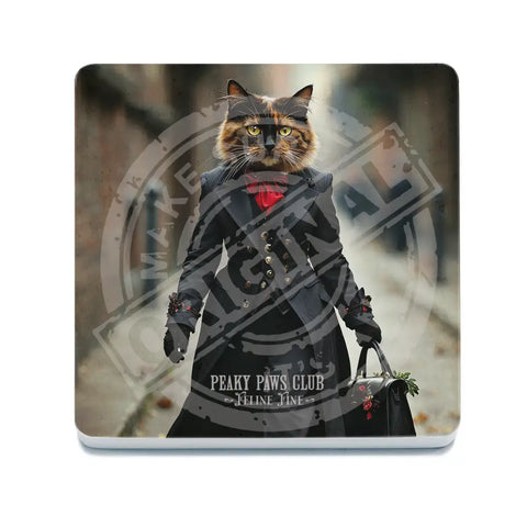 PEAKY PAWS CLUB - FELINE FINE - Tortoiseshell Cat Fridge Magnet Metal Signs