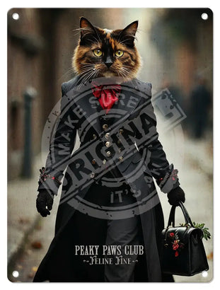 PEAKY PAWS CLUB - FELINE FINE - Tortoiseshell Cat Mini Metal Sign 15cm x 20cm Metal Signs
