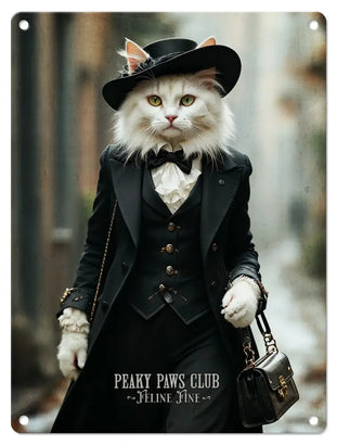 PEAKY PAWS CLUB - FELINE FINE - White Cat Blue Cat Mini Metal Sign 15cm x 20cm Metal Signs