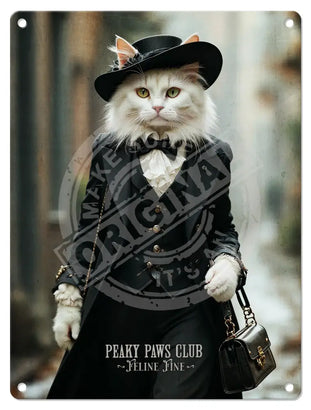 PEAKY PAWS CLUB - FELINE FINE - White Cat Blue Cat Mini Metal Sign 15cm x 20cm Metal Signs