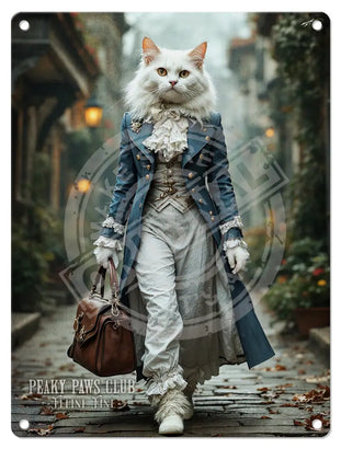 PEAKY PAWS CLUB - FELINE FINE - White Cat Blue Coat Mini Metal Sign 15cm x 20cm Metal Signs