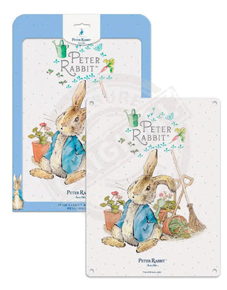 Beatrix Potter Peter Rabbit sitting next to plant pots metal wall sign