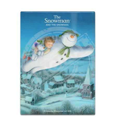 The Snowman and the Snowdog - Snowman Trio Flying Over Town Fridge Magnet Metal Signs