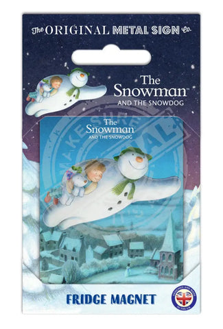 The Snowman and the Snowdog - Snowman Trio Flying Over Town Fridge Magnet Metal Signs