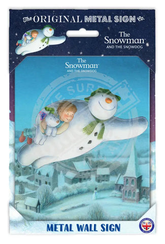 The Snowman and the Snowdog - Snowman Trio Flying Over Town Fridge Magnet Metal Signs