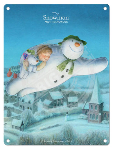 The Snowman and the Snowdog - Snowman Trio Flying Over Town Fridge Magnet Metal Signs