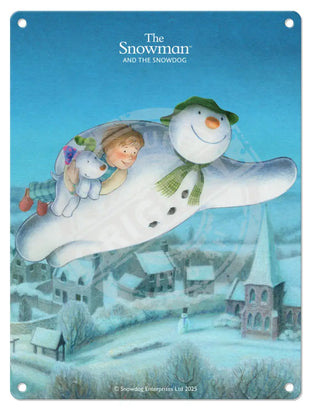The Snowman and the Snowdog - Snowman Trio Flying Over Town Mini Metal Sign 15cm x 20cm Metal Signs