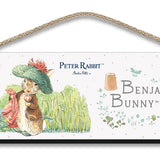 Beatrix Potter Peter Rabbit Benjamin Bunny with blanket hanging wooden sign