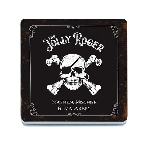 The Jolly Roger. Mayhem, Mischief and Malarkey melamine coaster