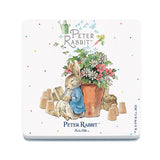 Peter Rabbit asleep next to flower pot melamine coaster