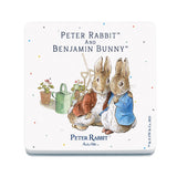 Beatrix Potter Peter Rabbit Benjamin Bunny cuddling melamine coaster