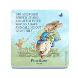 Beatrix Potter Peter Rabbit chased by Mr McGregor melamine coaster