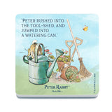 Beatrix Potter Peter Rabbit jumping into watering can melamine coaster