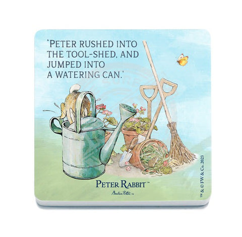 Beatrix Potter Peter Rabbit jumping into watering can metal wall sign