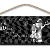 Alice in wonderland we're all mad Cheshire cat wooden hanging wall sign 
