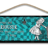Alice in wonderland Curiouser and Curiouser hanging wooden wall sign 